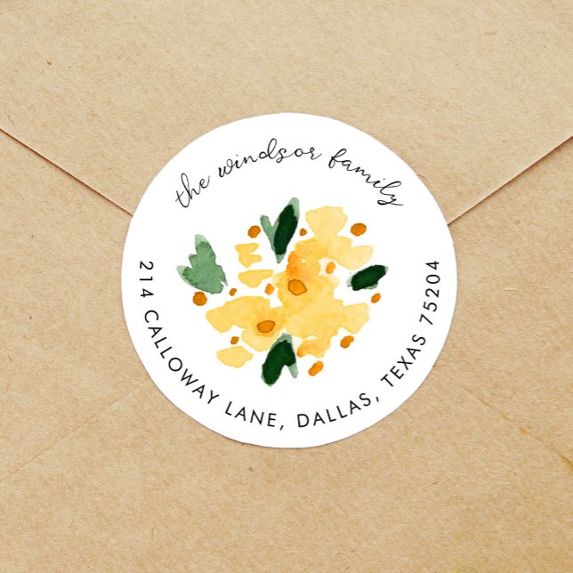 Gult VattenfärgsReturadress Blommigt Bouquet  Runt Klistermärke (Skapare uppladdad)