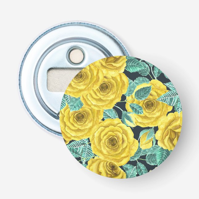 Gult vattenfärgsro med löv- och stötprojektionsyta flasköppnare (Framsidan)