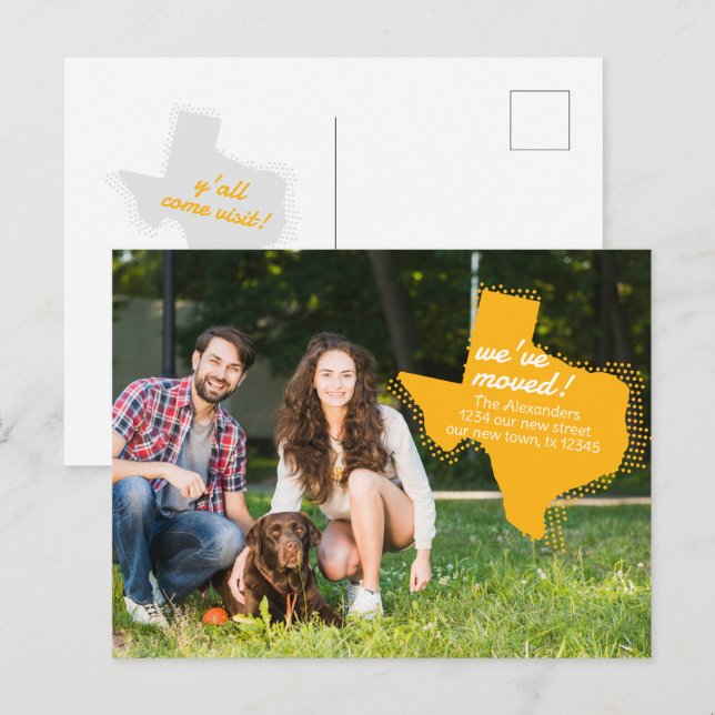 Gult Vi har flyttat - Flytta i Docka Texas Vykort (Fram/baksida)