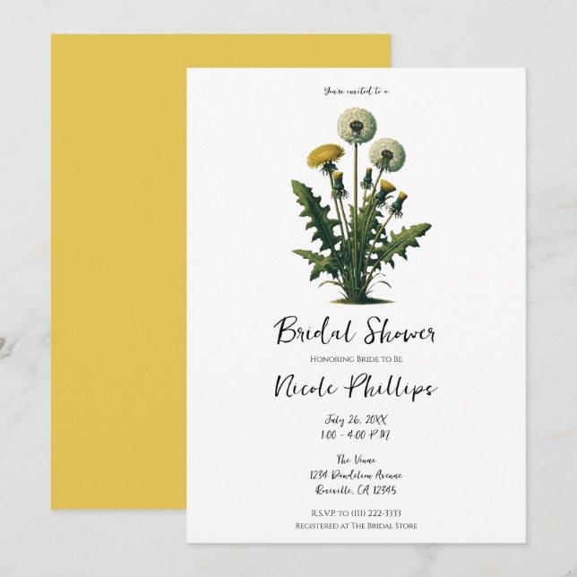 Gult Vintage Dandelion Flowers Möhippa Inbjudningar (Fram/baksida)