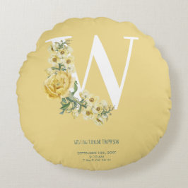 Gult Vintage Flowers Initial Baby Birgats Stats Rund Kudde