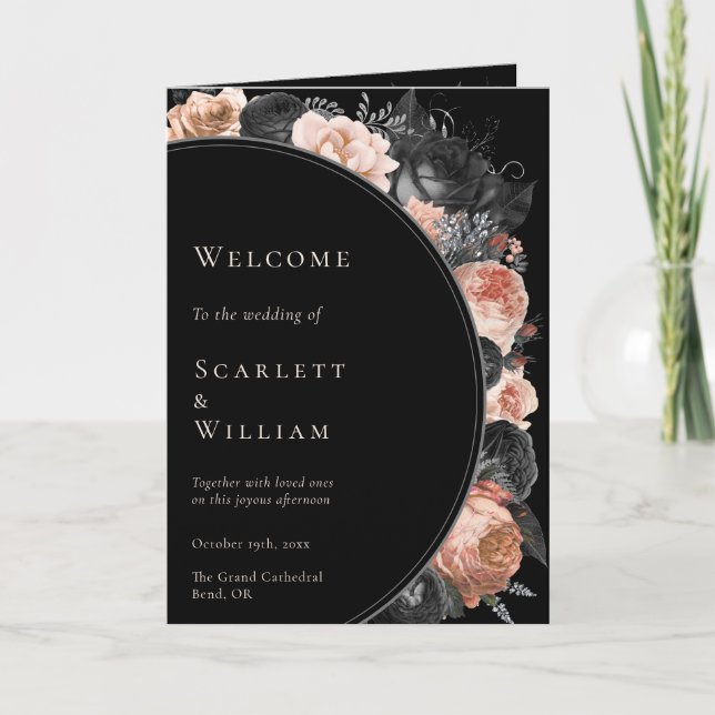 Gult Vintage, svart,  mappat Bröllopsprogram Program (Framsida)