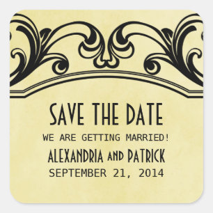 Gult Vintage Swirls Save the Date Stickers Fyrkantigt Klistermärke