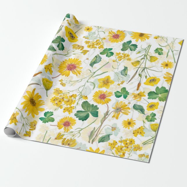 Gult Vintage WIldblomskugga Presentpapper (Utrullad)