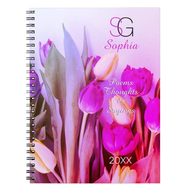 Gult Violet Rosa Tulips Namn Monogram Titel År Anteckningsbok (Framsidan)