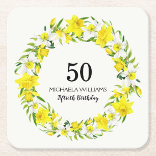 Gult Vit Daffodil Utandning 50: e födelsedagen Underlägg Papper Kvadrat