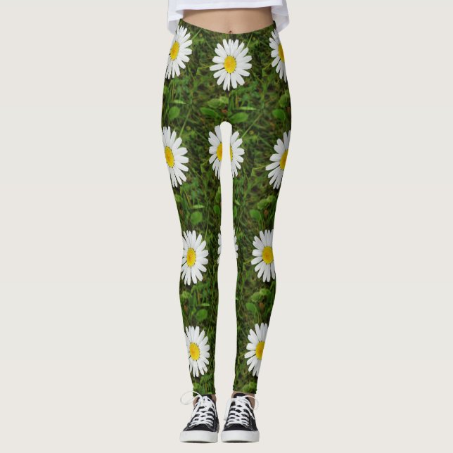 Gult Vit Daisy Blommor Floral Photography Leggings (Framsida)