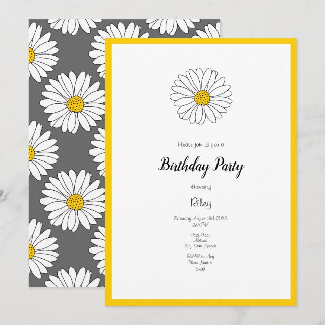 Gult Vit Daisy Grått Gult Vit Daisy Mönster Inbjudningar (Fram/baksida)