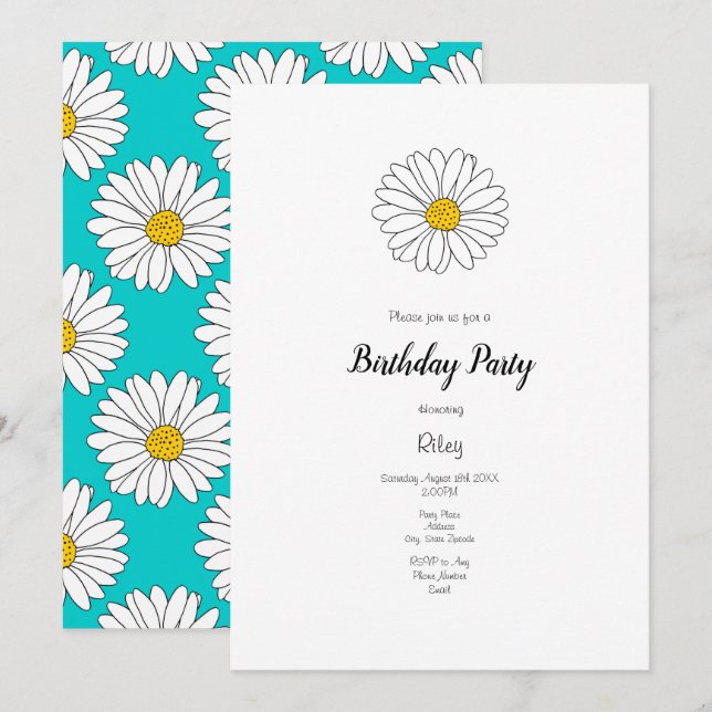 Gult Vit Daisy Gult Turkos Daisy Mönster Inbjudningar (Fram/baksida)