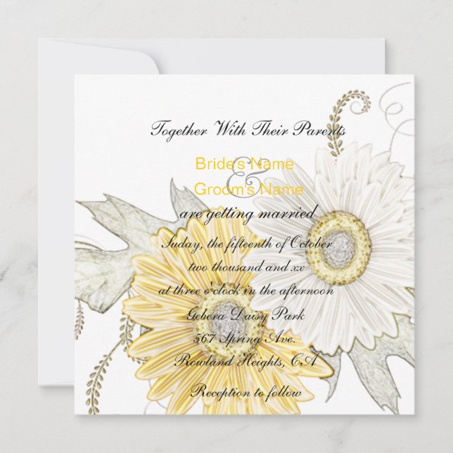 Gult & vit Gerber Daisy Swirl-Bröllopsinbjudningar Inbjudningar (Framsida)