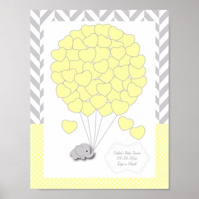 Gult, vit Grått Elephant Baby Shower - Gäst Poster (Framsidan)