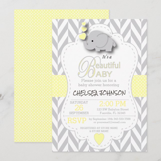 Gult, vit Grått Elephant 🐘 Baby Shower Inbjudningar (Fram/baksida)