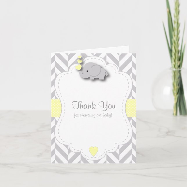 Gult, vit Grått Elephant Baby Shower Tack Kort (Framsida)