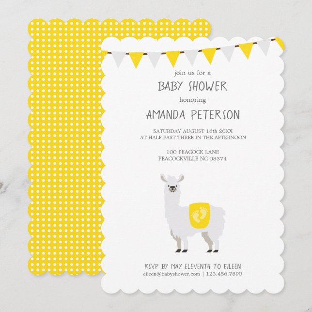 Gult & vit Neutral Llama Baby Shower Inbjudningar (Fram/baksida)