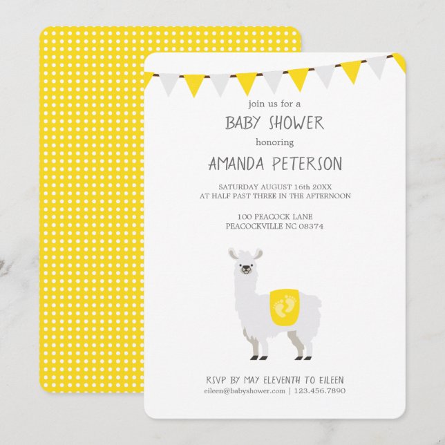 Gult & vit Neutral Llama Baby Shower Inbjudningar (Fram/baksida)