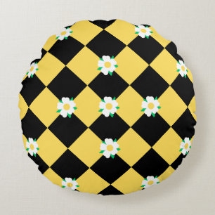 Gult, vit och svart, genomskinlig blomma rund kudde