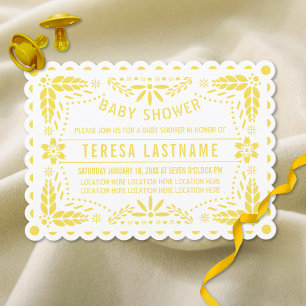 Gult, vit papel picado-babydusch inbjudningar