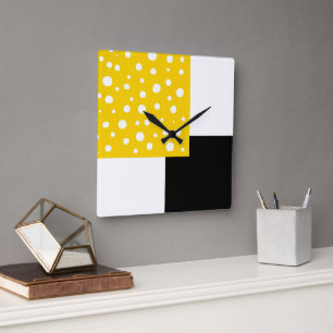 Gult Vit Polka dots svart och vit geometri Fyrkantig Klocka