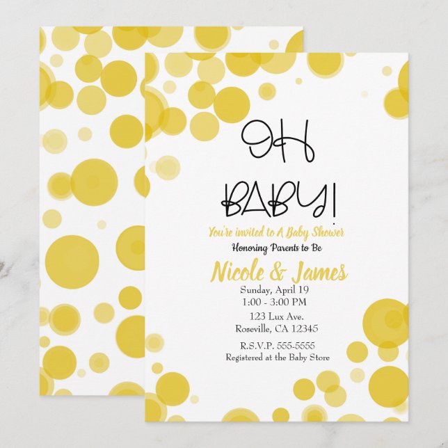 Gult & vit polka-punktbubblor OH BABY Shower Inbjudningar (Fram/baksida)