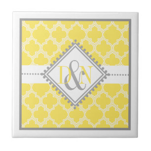 Gult, vit quatrefoil monogram bröllop keepsaké kakelplatta