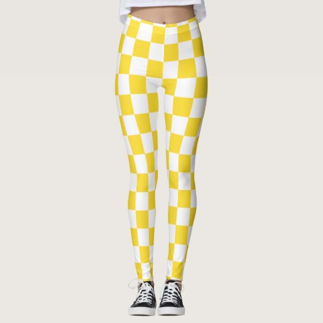 Gult Vit schackbräde Mönster Leggings (Framsida)