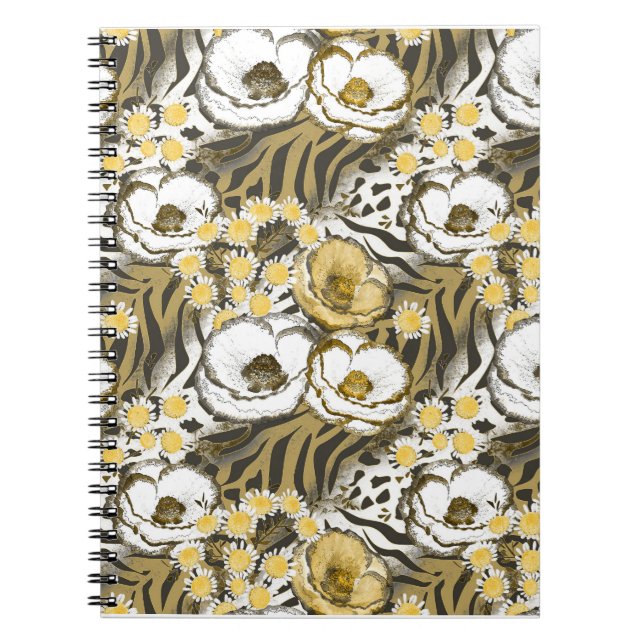 Gult, vita blommor i tigerbakgrund anteckningsbok (Framsidan)