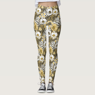 Gult, vita blommor i tigerbakgrund leggings