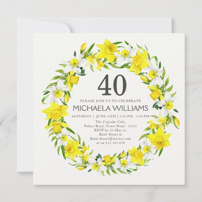 Gult Vita Daffodil Flowers 40:e födelsedagen Party Inbjudningar (Framsida)