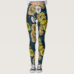 Gult, vitt och färg ro med blått löv leggings