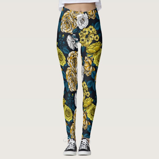 Gult, vitt och färg ro med blått löv leggings (Framsida)