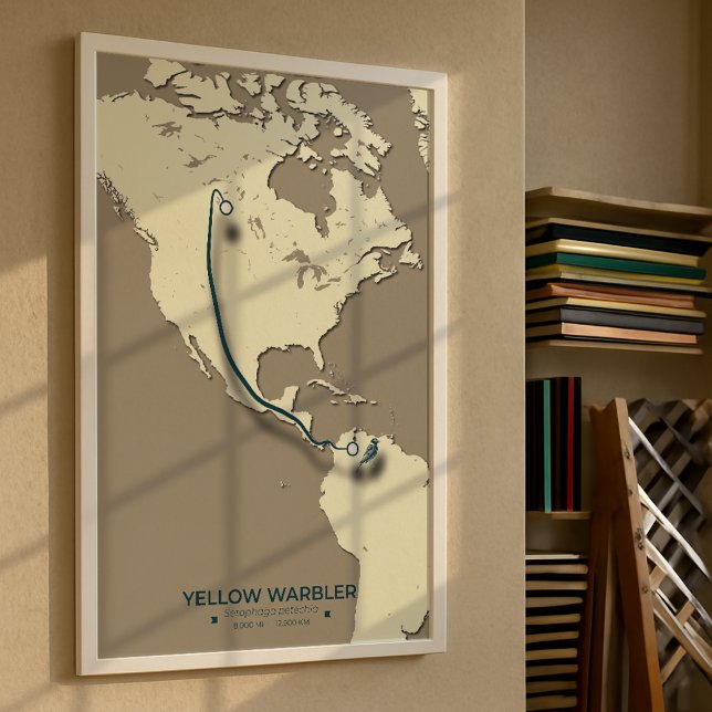Gult Warbler Migration Karta - Minimalistisk Vinta Poster (Yellow Warbler A3 Mockup)