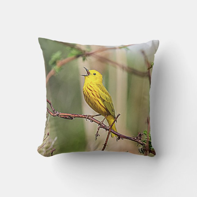 Gult Warbler Singing Kudde (Framsida)