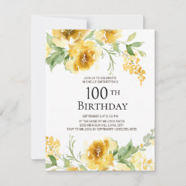 Gult Watercolor Blommigt Greenery 100 Birthday Inbjudningar