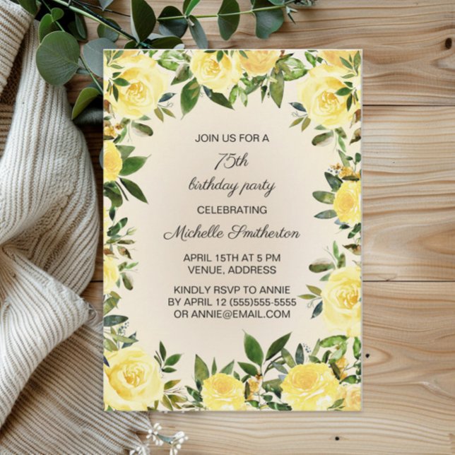 Gult Watercolor Blommigt Greenery 75:e Birthday Inbjudningar (Yellow floral and greenery 75th birthday party invitation)