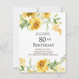 Gult Watercolor Blommigt Greenery 80 Birthday Inbjudningar