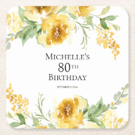 Gult Watercolor Blommigt Greenery 80 Birthday Underlägg Papper Kvadrat