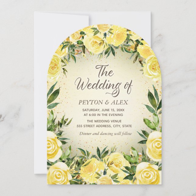 Gult Watercolor Blommigt Guld Glitter Arch Bröllop Inbjudningar (Framsida)