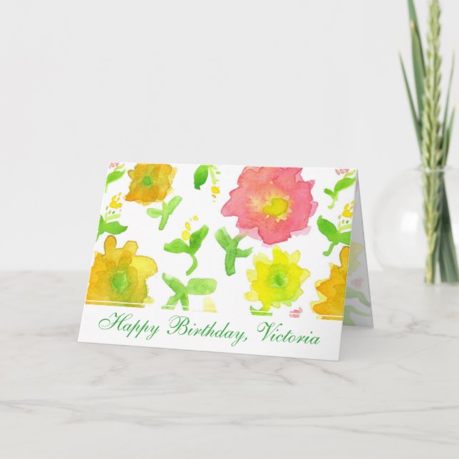 Gult Watercolor Flowers Grattis på födelsedagen Fr Kort (Framsida)