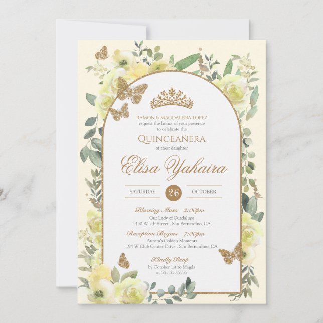 Gult Watercolor Golden Butterfly Quinceanera Inbjudningar (Framsida)