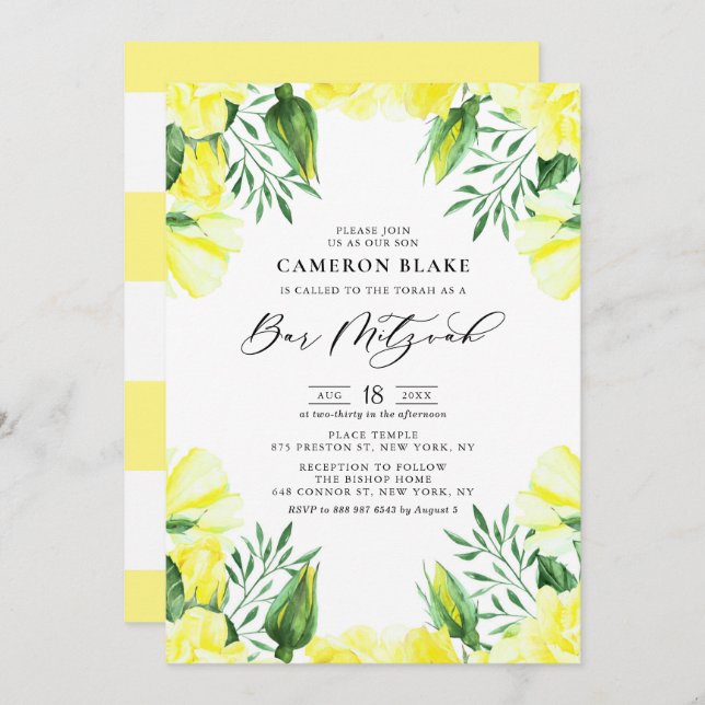 Gult Watercolor Ro Blommigt Pub Mitzvah Inbjudningar (Fram/baksida)
