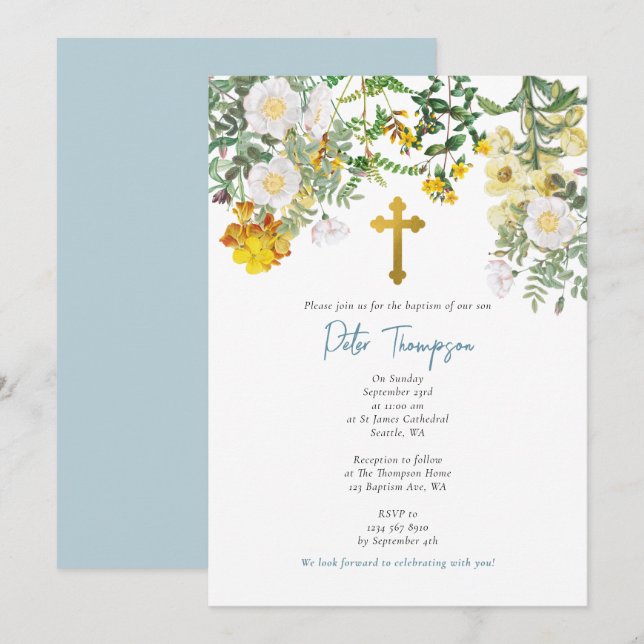 Gult Watercolor Ro Blomsterträdgård Boy Baptism Inbjudningar (Fram/baksida)
