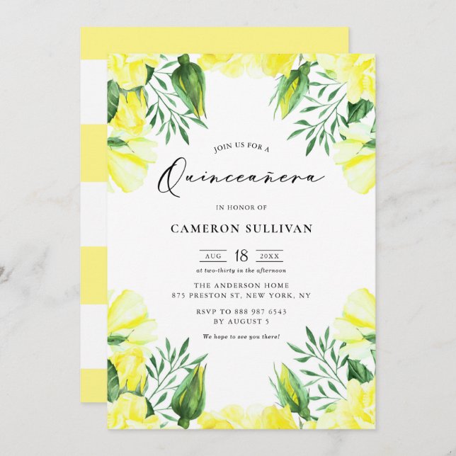 Gult Watercolor Ro Garland Quinceañera Inbjudningar (Fram/baksida)