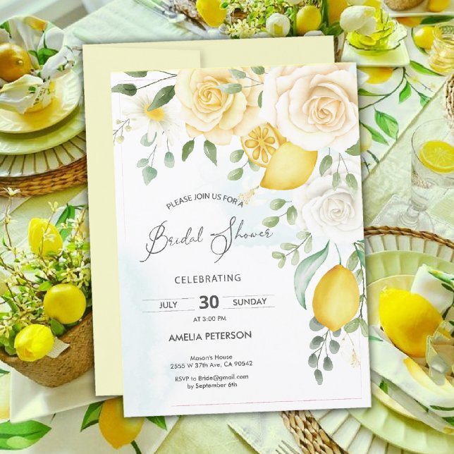 Gult Watercolor Ro & lemon möhippa Inbjudningar (lemon bridal shower Invitation)