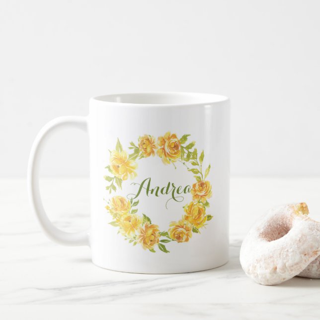 Gult Watercolor Summer Flowers Wandskript Kaffemugg (Med munk)