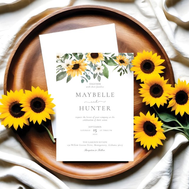 Gult Watercolor Sunblommor & Wildblomma Bröllop Inbjudningar (Yellow Watercolor Sunflowers & Wildflower Wedding Invitation)