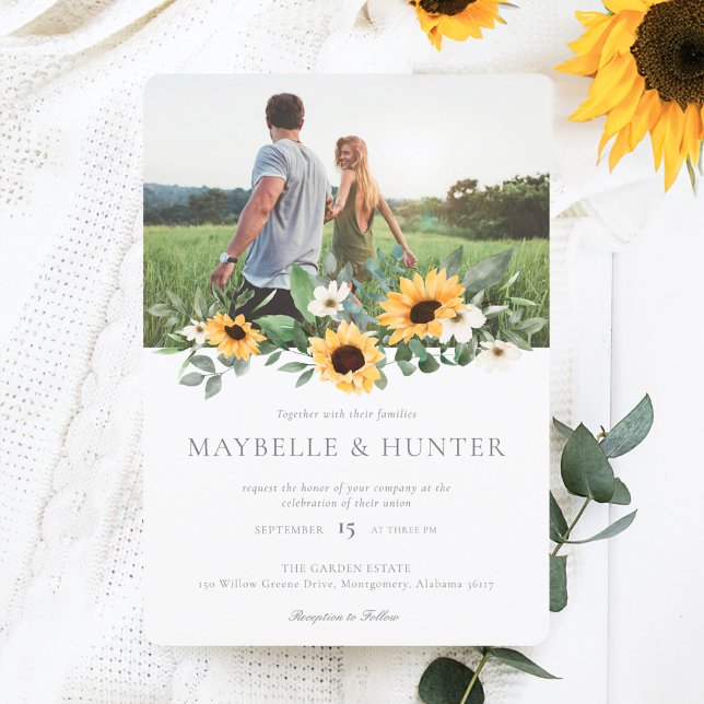 Gult Watercolor Sunblommor & Wildblomma Bröllop Inbjudningar (Yellow Watercolor Sunflowers & Wildflower Wedding Invitation)