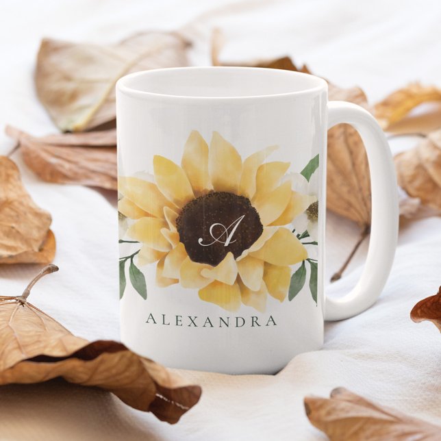 Gult Watercolor Sunblommor & Wildblommonogram Kaffemugg (Skapare uppladdad)