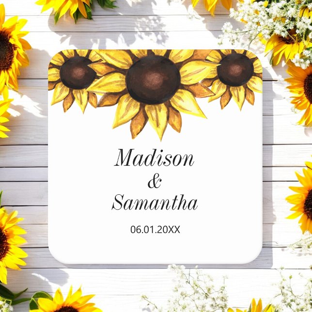 Gult White Bride Groom Solros Bröllop Underlägg Papper Kvadrat (Skapare uppladdad)