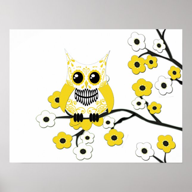 Gult White Cherry Blommar Uggla Poster (Framsidan)