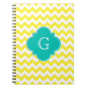 Gult White Chevron Teal Quatrefoil Monogram Anteckningsbok Med Spiral